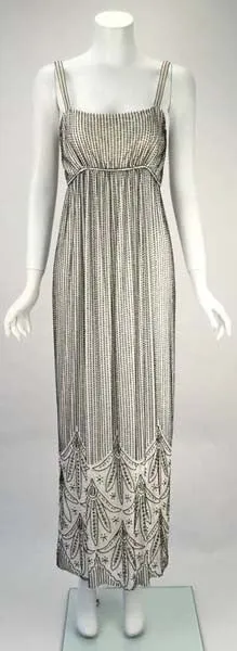 1960s Alfred Bosand Cream Silk Dress and Capelet with Black Bugle Beads
