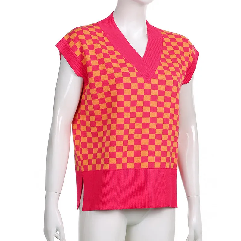 2022 new sexy loose knitted vest lattice grid jacquard patchwork V-neck loose sleeveless sweater