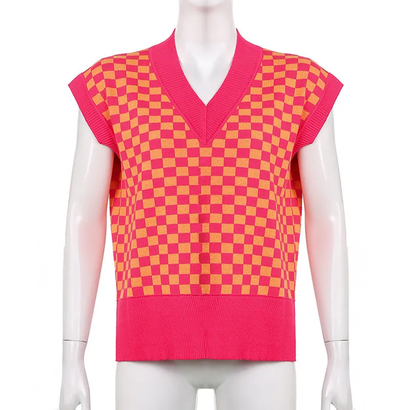 2022 new sexy loose knitted vest lattice grid jacquard patchwork V-neck loose sleeveless sweater