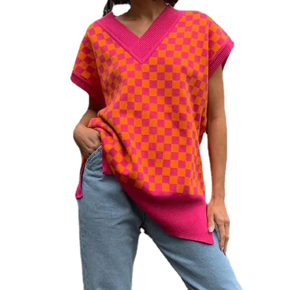 2022 new sexy loose knitted vest lattice grid jacquard patchwork V-neck loose sleeveless sweater
