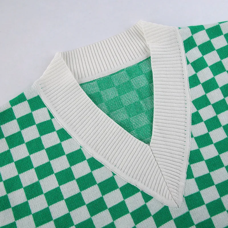 2022 new sexy loose knitted vest lattice grid jacquard patchwork V-neck loose sleeveless sweater