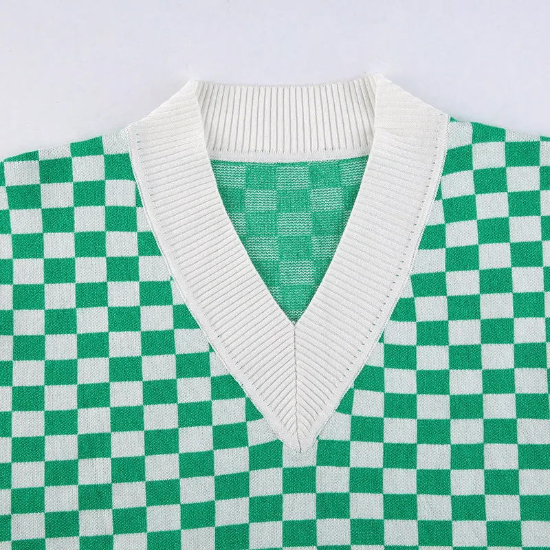 2022 new sexy loose knitted vest lattice grid jacquard patchwork V-neck loose sleeveless sweater