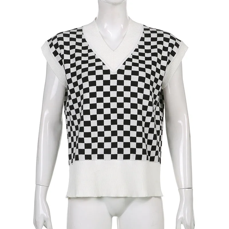 2022 new sexy loose knitted vest lattice grid jacquard patchwork V-neck loose sleeveless sweater