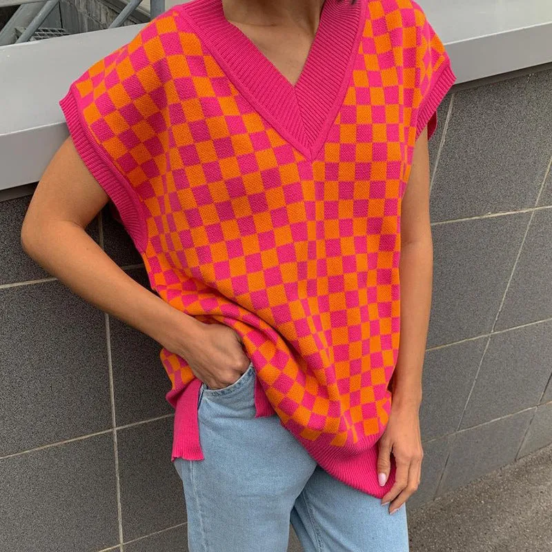 2022 new sexy loose knitted vest lattice grid jacquard patchwork V-neck loose sleeveless sweater