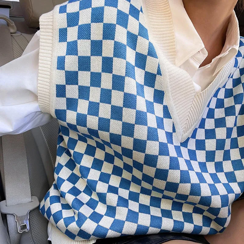 2022 new sexy loose knitted vest lattice grid jacquard patchwork V-neck loose sleeveless sweater