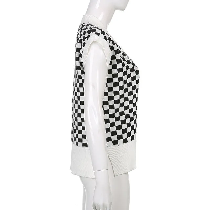 2022 new sexy loose knitted vest lattice grid jacquard patchwork V-neck loose sleeveless sweater