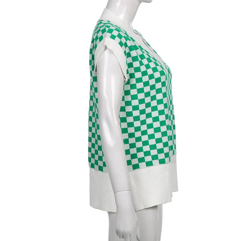 2022 new sexy loose knitted vest lattice grid jacquard patchwork V-neck loose sleeveless sweater