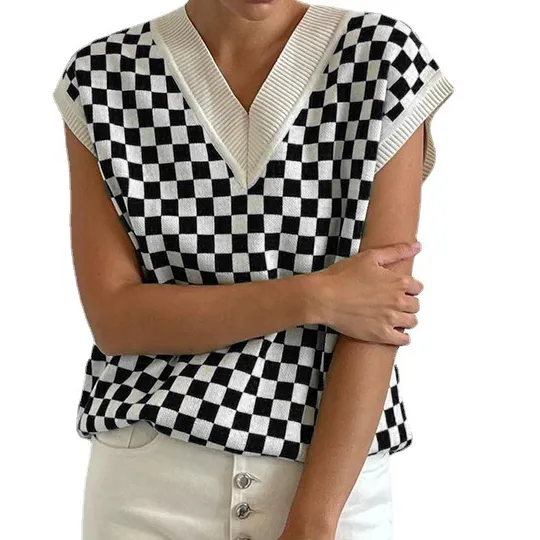 2022 new sexy loose knitted vest lattice grid jacquard patchwork V-neck loose sleeveless sweater