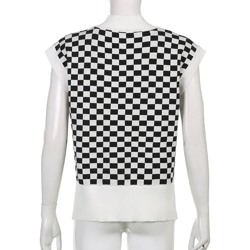2022 new sexy loose knitted vest lattice grid jacquard patchwork V-neck loose sleeveless sweater