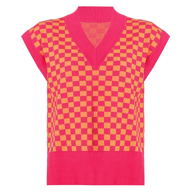 2022 new sexy loose knitted vest lattice grid jacquard patchwork V-neck loose sleeveless sweater