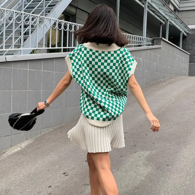 2022 new sexy loose knitted vest lattice grid jacquard patchwork V-neck loose sleeveless sweater
