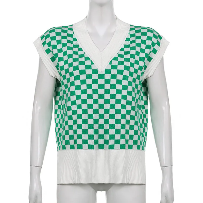 2022 new sexy loose knitted vest lattice grid jacquard patchwork V-neck loose sleeveless sweater
