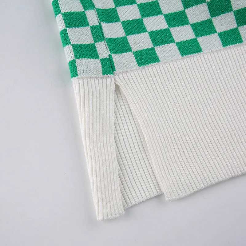 2022 new sexy loose knitted vest lattice grid jacquard patchwork V-neck loose sleeveless sweater