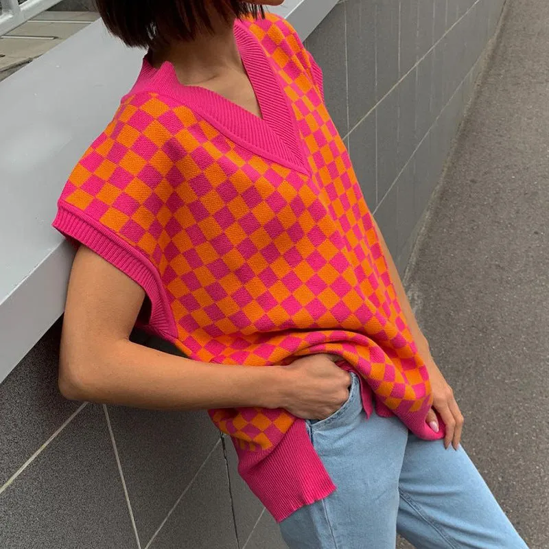 2022 new sexy loose knitted vest lattice grid jacquard patchwork V-neck loose sleeveless sweater
