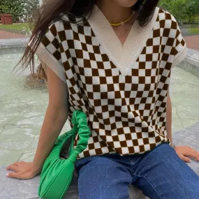 2022 new sexy loose knitted vest lattice grid jacquard patchwork V-neck loose sleeveless sweater