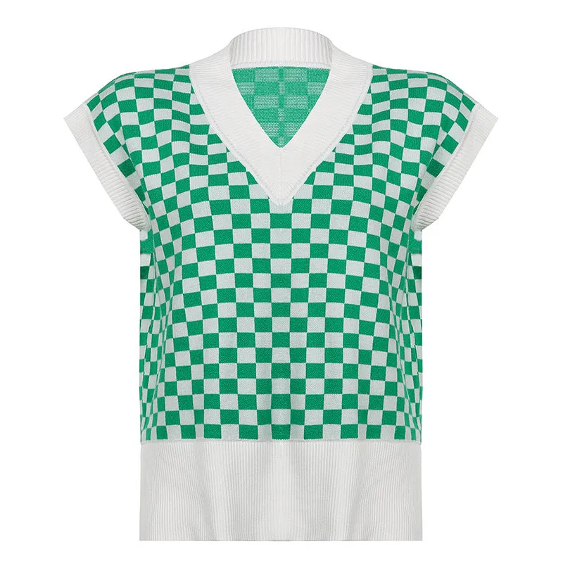 2022 new sexy loose knitted vest lattice grid jacquard patchwork V-neck loose sleeveless sweater
