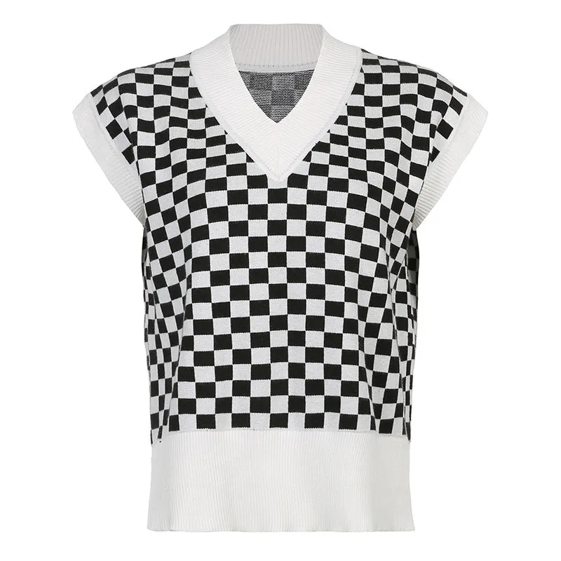 2022 new sexy loose knitted vest lattice grid jacquard patchwork V-neck loose sleeveless sweater