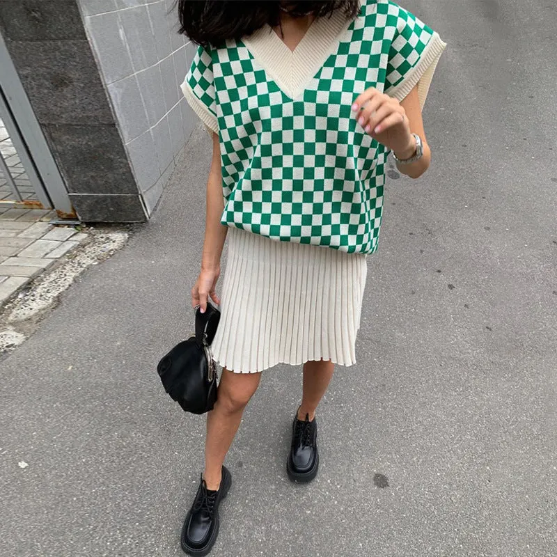 2022 new sexy loose knitted vest lattice grid jacquard patchwork V-neck loose sleeveless sweater