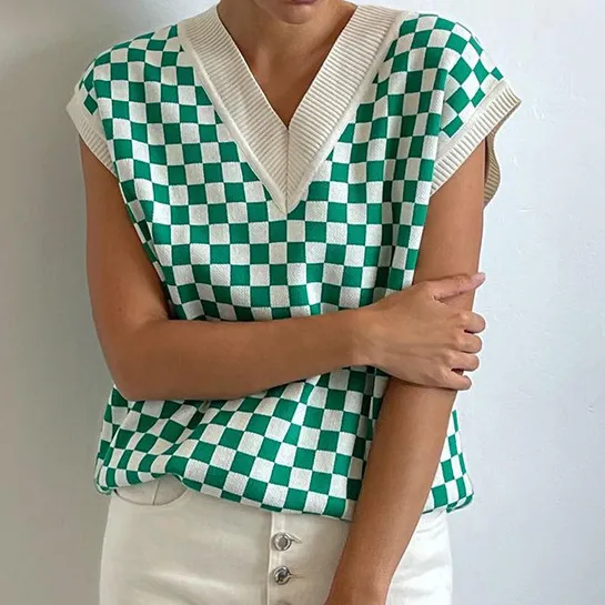 2022 new sexy loose knitted vest lattice grid jacquard patchwork V-neck loose sleeveless sweater