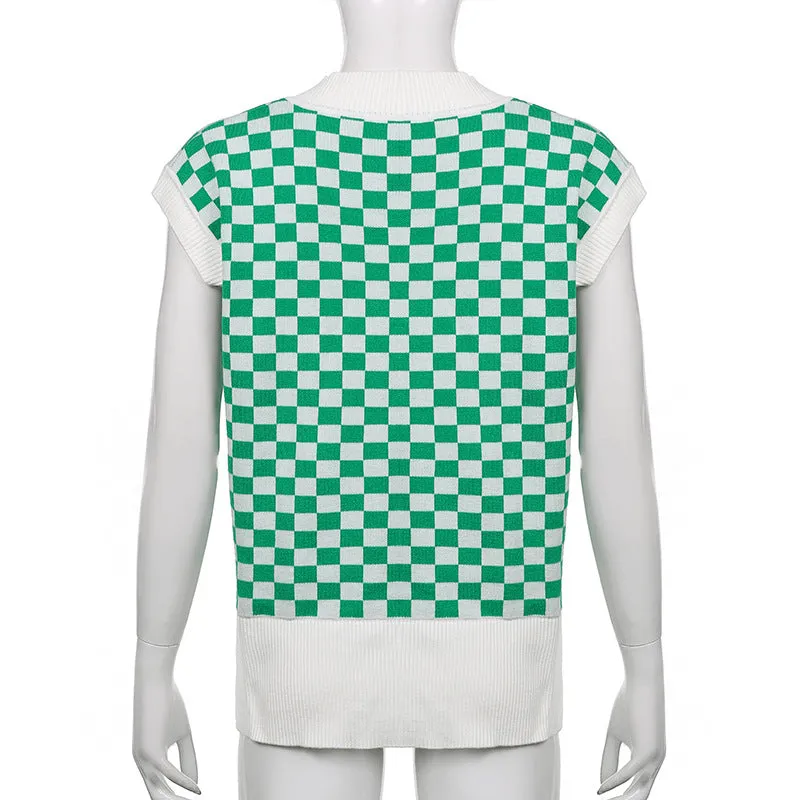 2022 new sexy loose knitted vest lattice grid jacquard patchwork V-neck loose sleeveless sweater