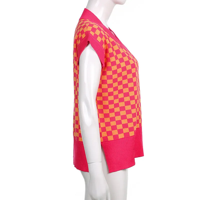 2022 new sexy loose knitted vest lattice grid jacquard patchwork V-neck loose sleeveless sweater