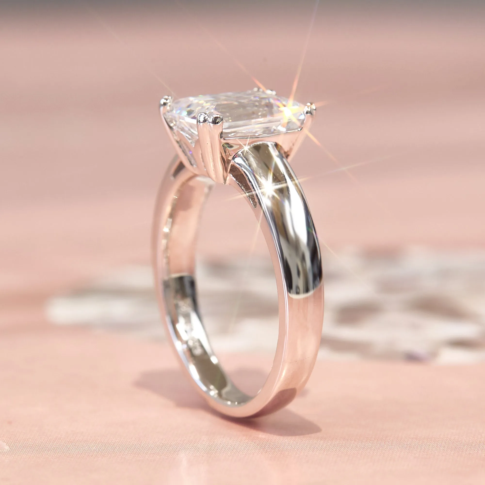 4 CT Emerald Cut Solitaire Ring, Platinum Plated Sterling Silver