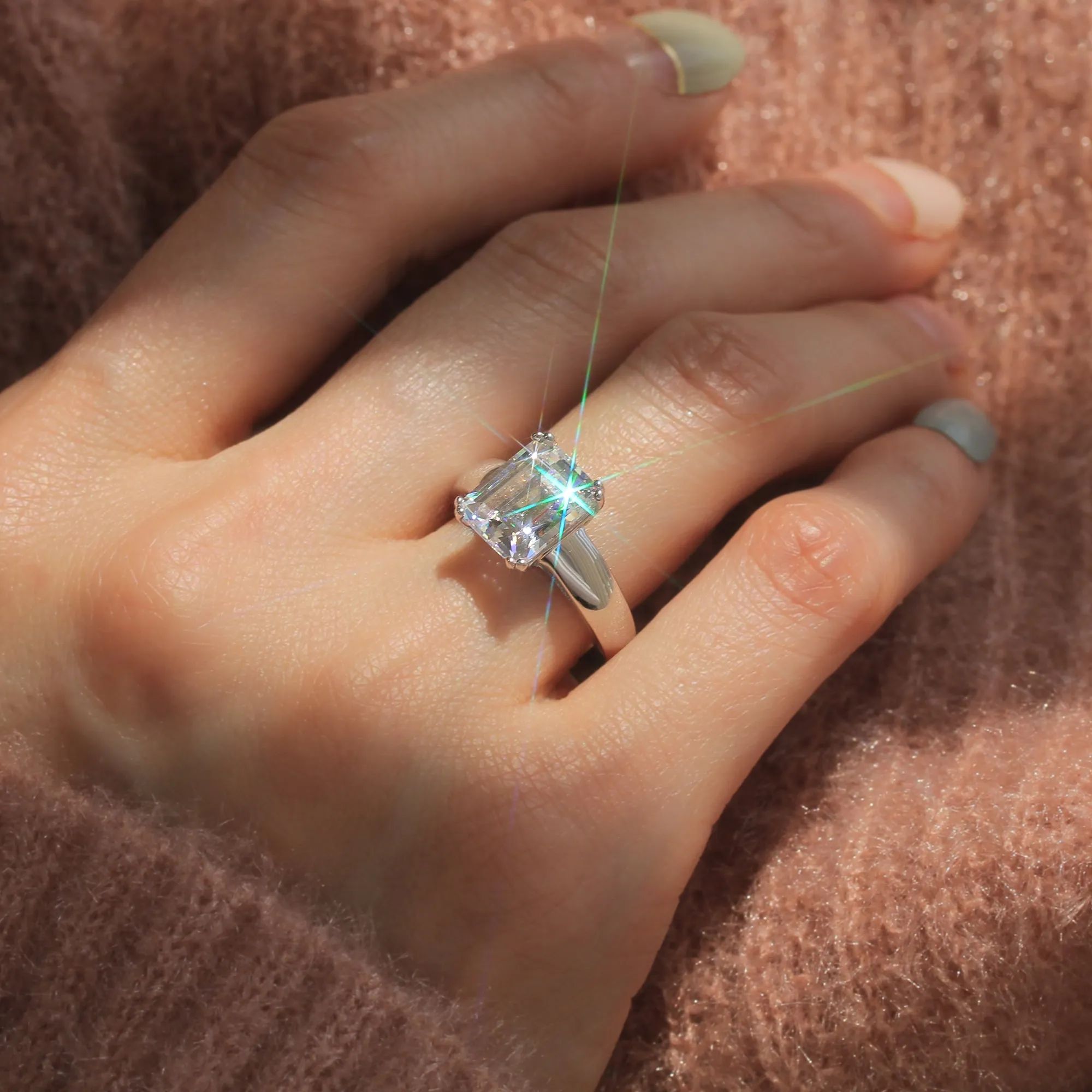 4 CT Emerald Cut Solitaire Ring, Platinum Plated Sterling Silver