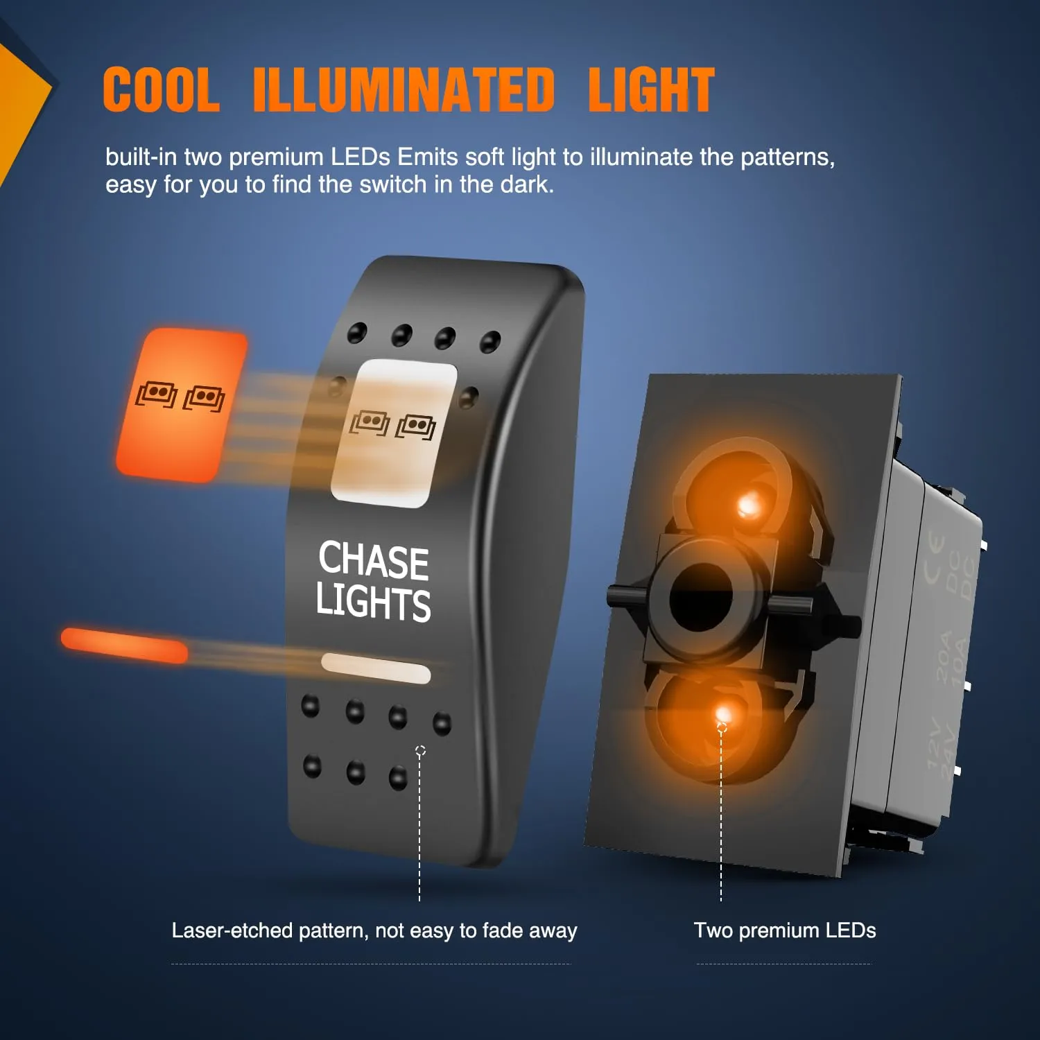 5Pin SPST On/Off UTV Chase Lights Rocker Switch Orange Backlit