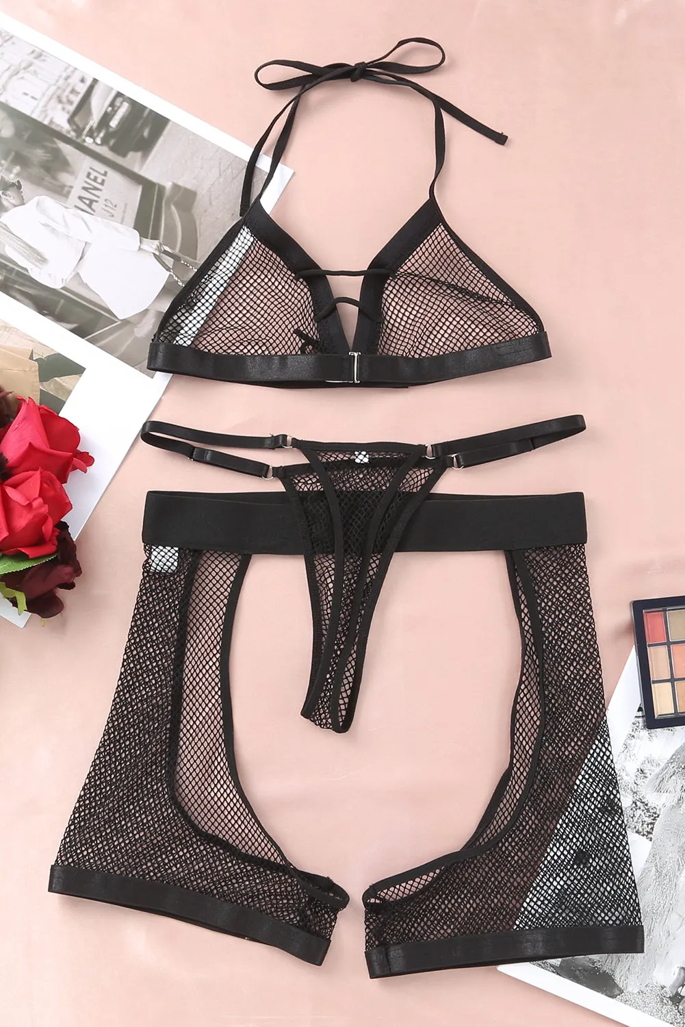 Black Halter Backless Fishnet Lingerie Set