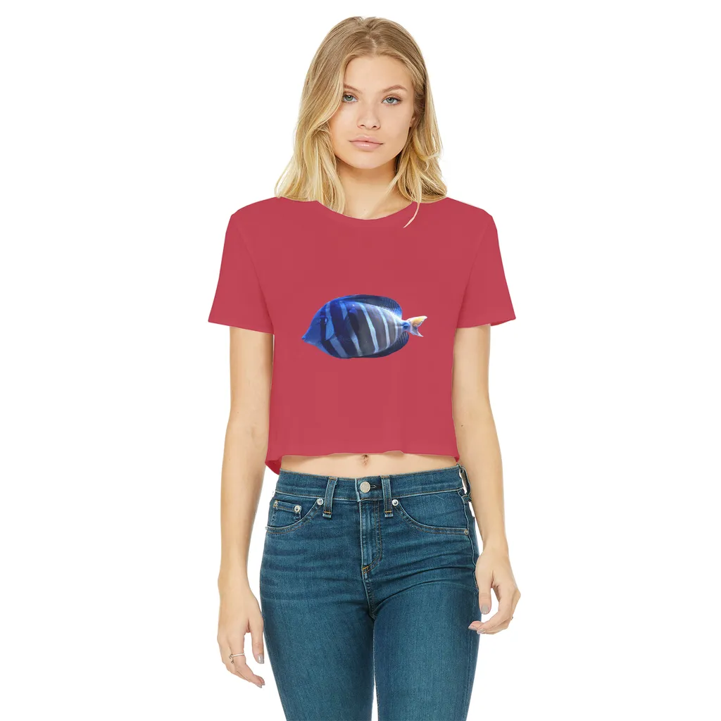 Blue Striped Fish Classic Women's Cropped Raw Edge T-Shirt