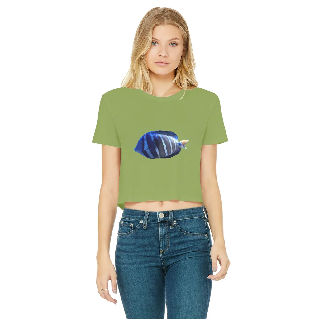 Blue Striped Fish Classic Women's Cropped Raw Edge T-Shirt