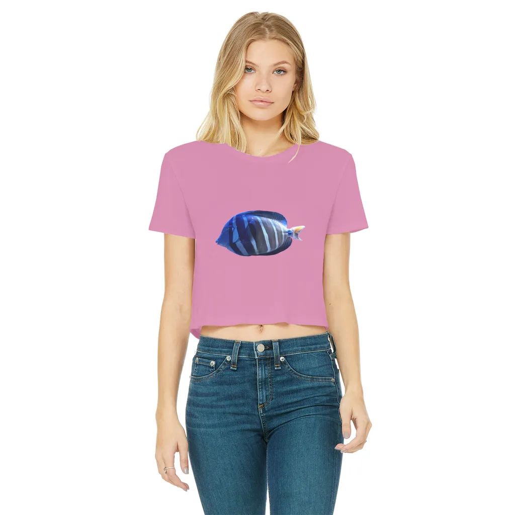 Blue Striped Fish Classic Women's Cropped Raw Edge T-Shirt