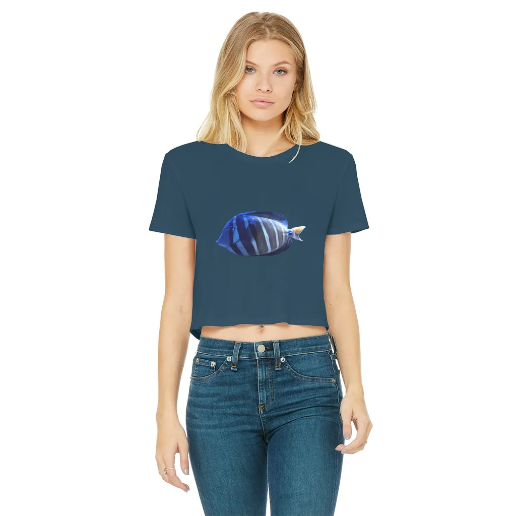Blue Striped Fish Classic Women's Cropped Raw Edge T-Shirt