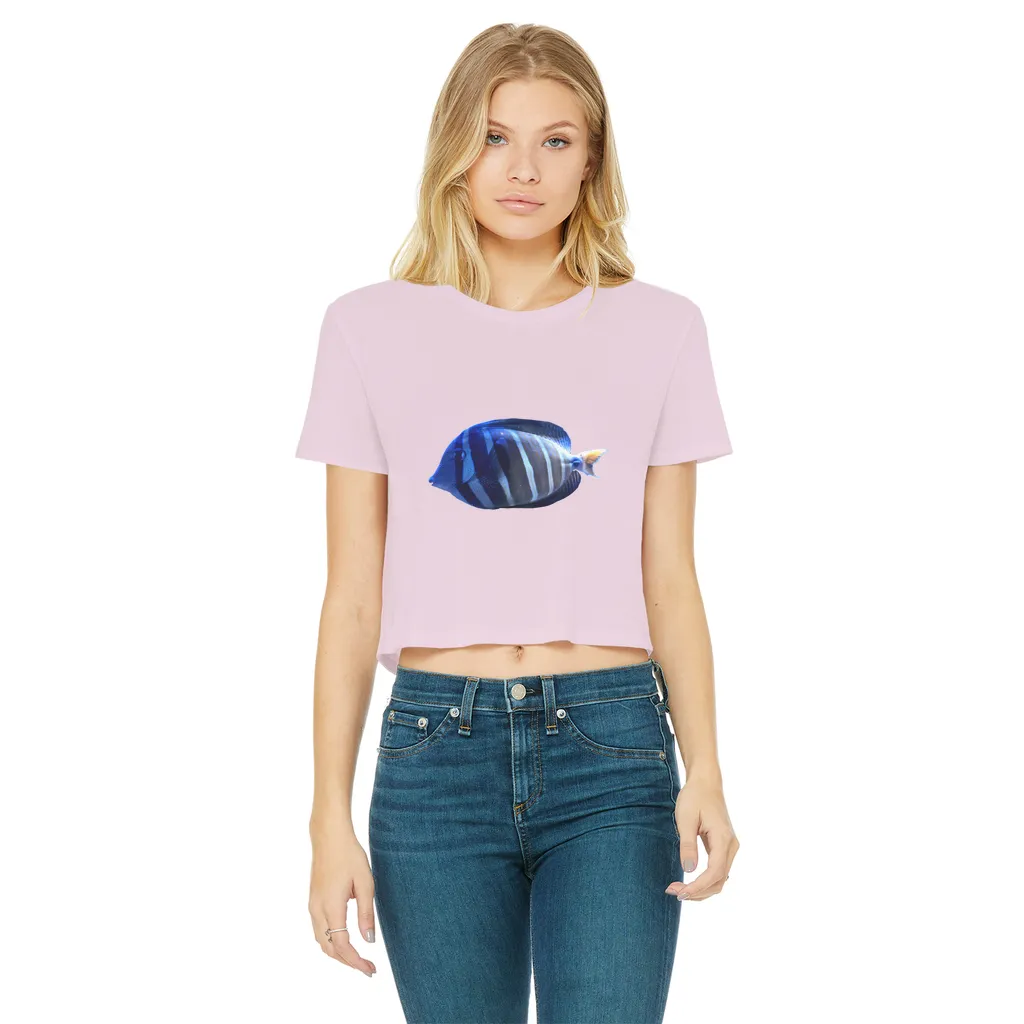 Blue Striped Fish Classic Women's Cropped Raw Edge T-Shirt