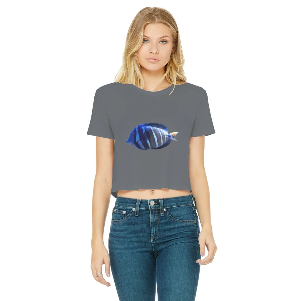 Blue Striped Fish Classic Women's Cropped Raw Edge T-Shirt