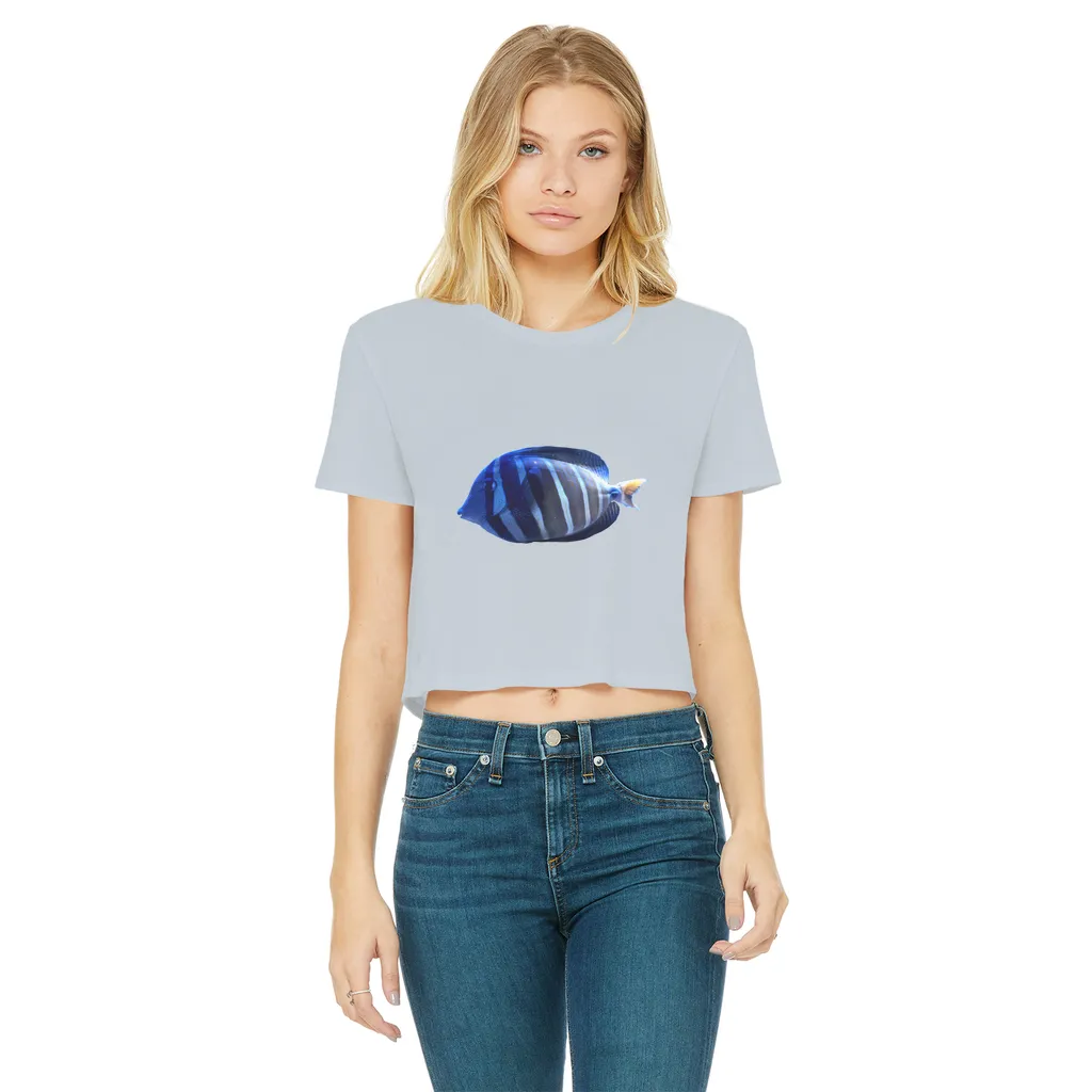 Blue Striped Fish Classic Women's Cropped Raw Edge T-Shirt