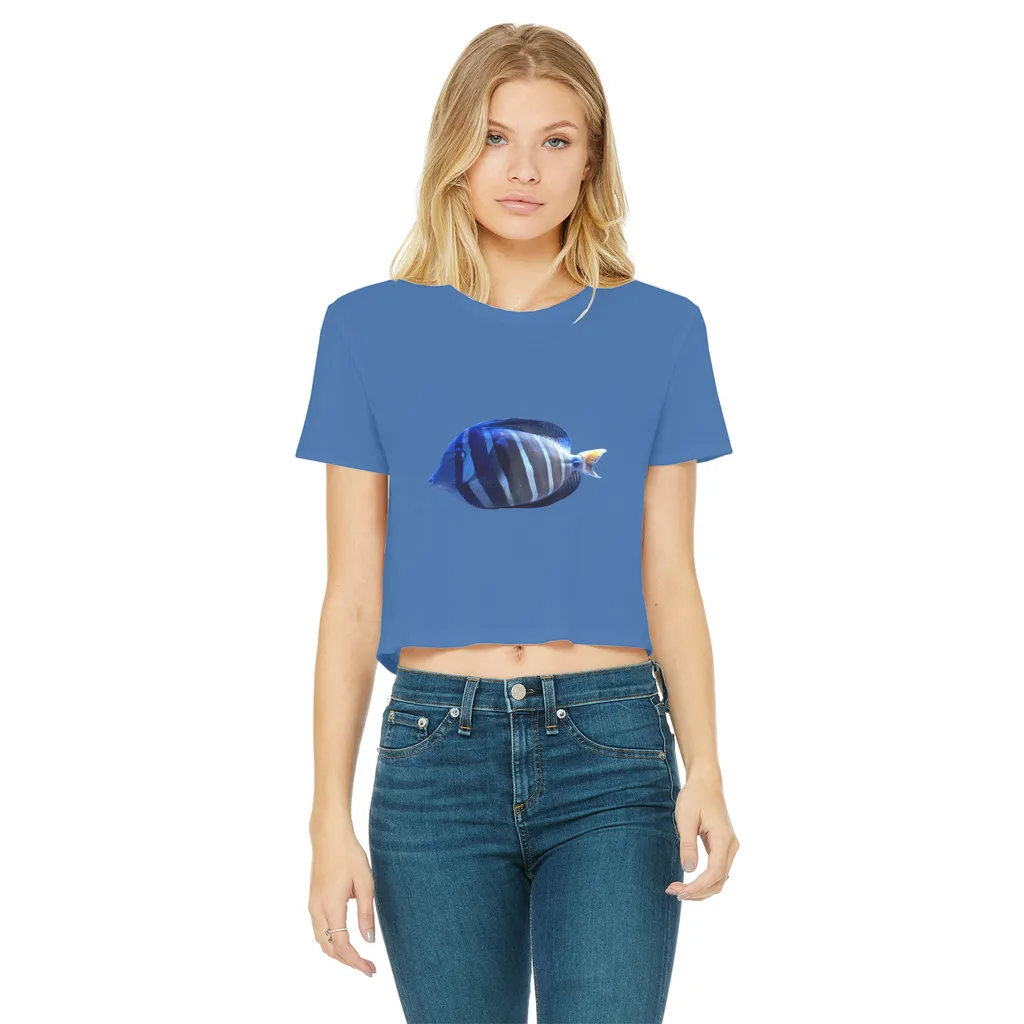 Blue Striped Fish Classic Women's Cropped Raw Edge T-Shirt