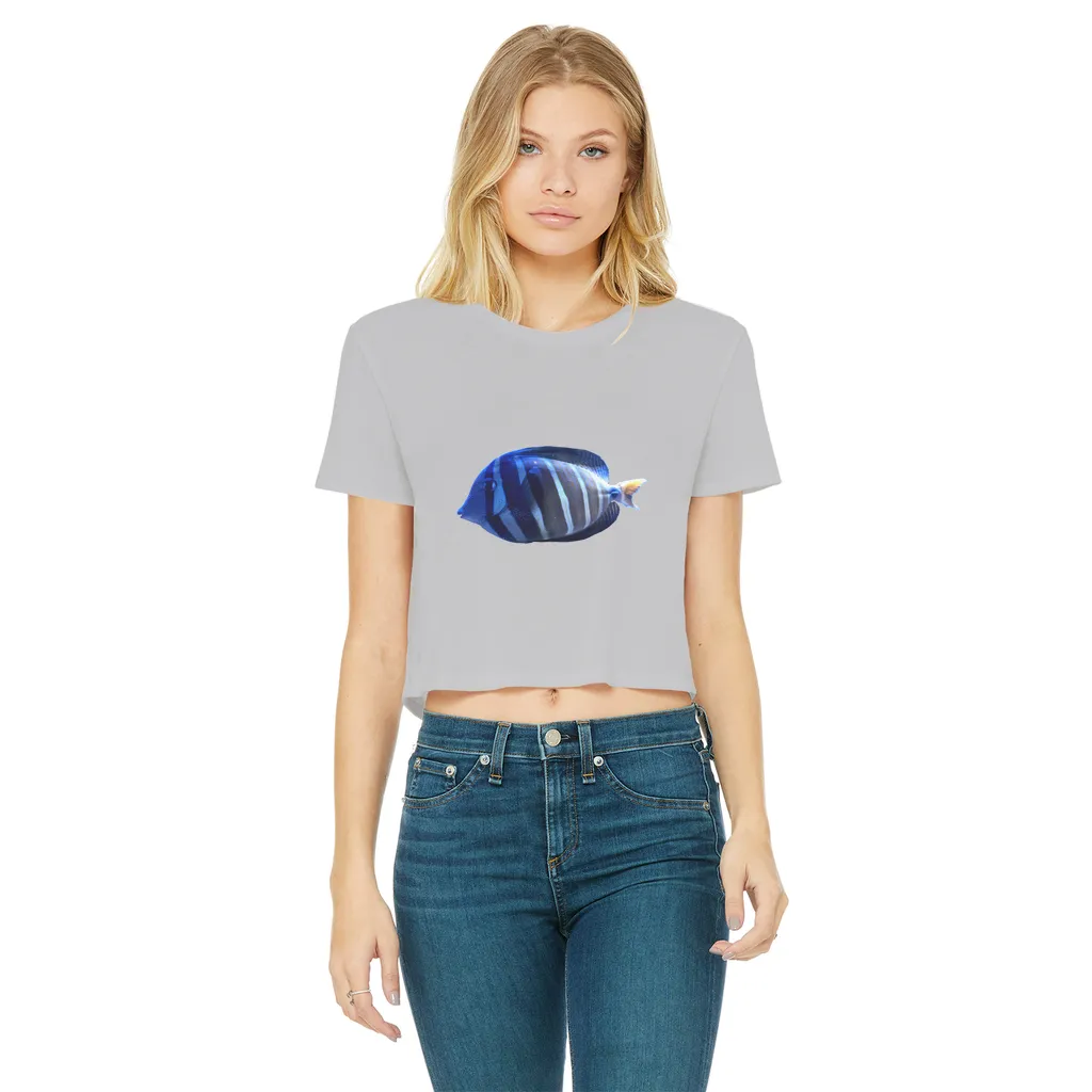 Blue Striped Fish Classic Women's Cropped Raw Edge T-Shirt