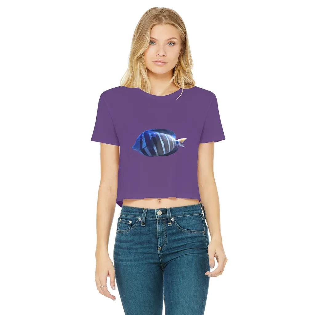 Blue Striped Fish Classic Women's Cropped Raw Edge T-Shirt