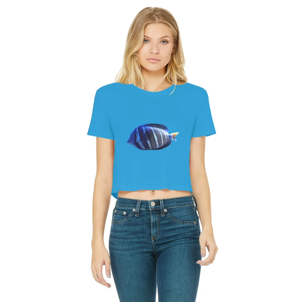 Blue Striped Fish Classic Women's Cropped Raw Edge T-Shirt