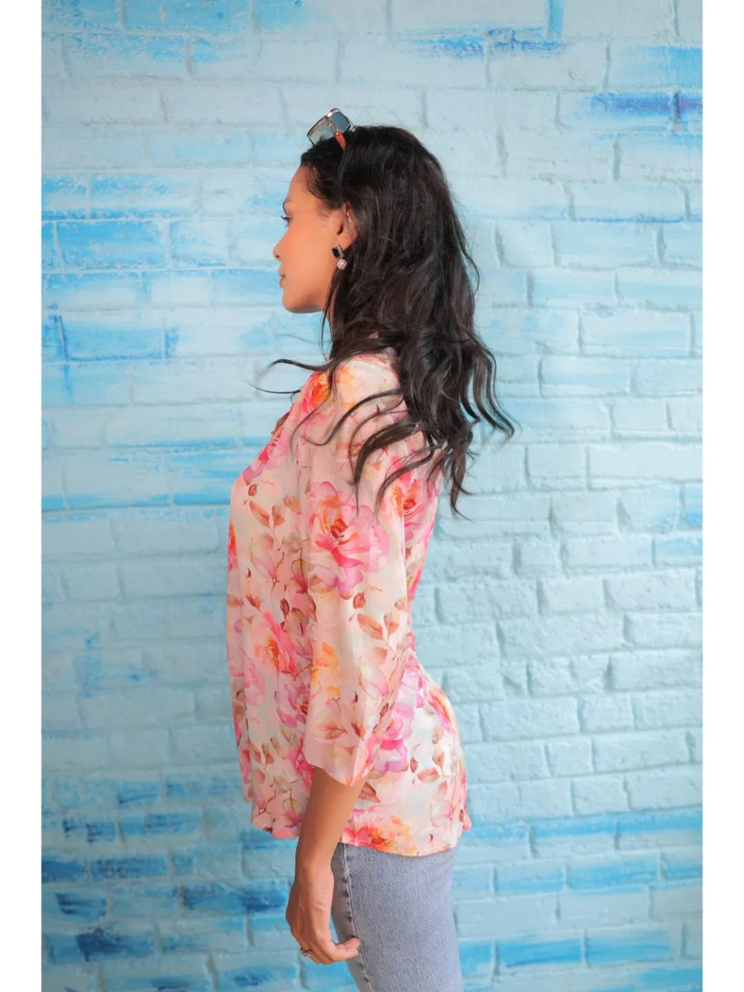 cheerful  natural crepe floral printed mandarin collar string, A-Line  hand embellished top with three-forth sleeve - Pink