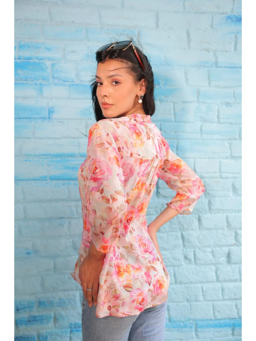 cheerful  natural crepe floral printed mandarin collar string, A-Line  hand embellished top with three-forth sleeve - Pink