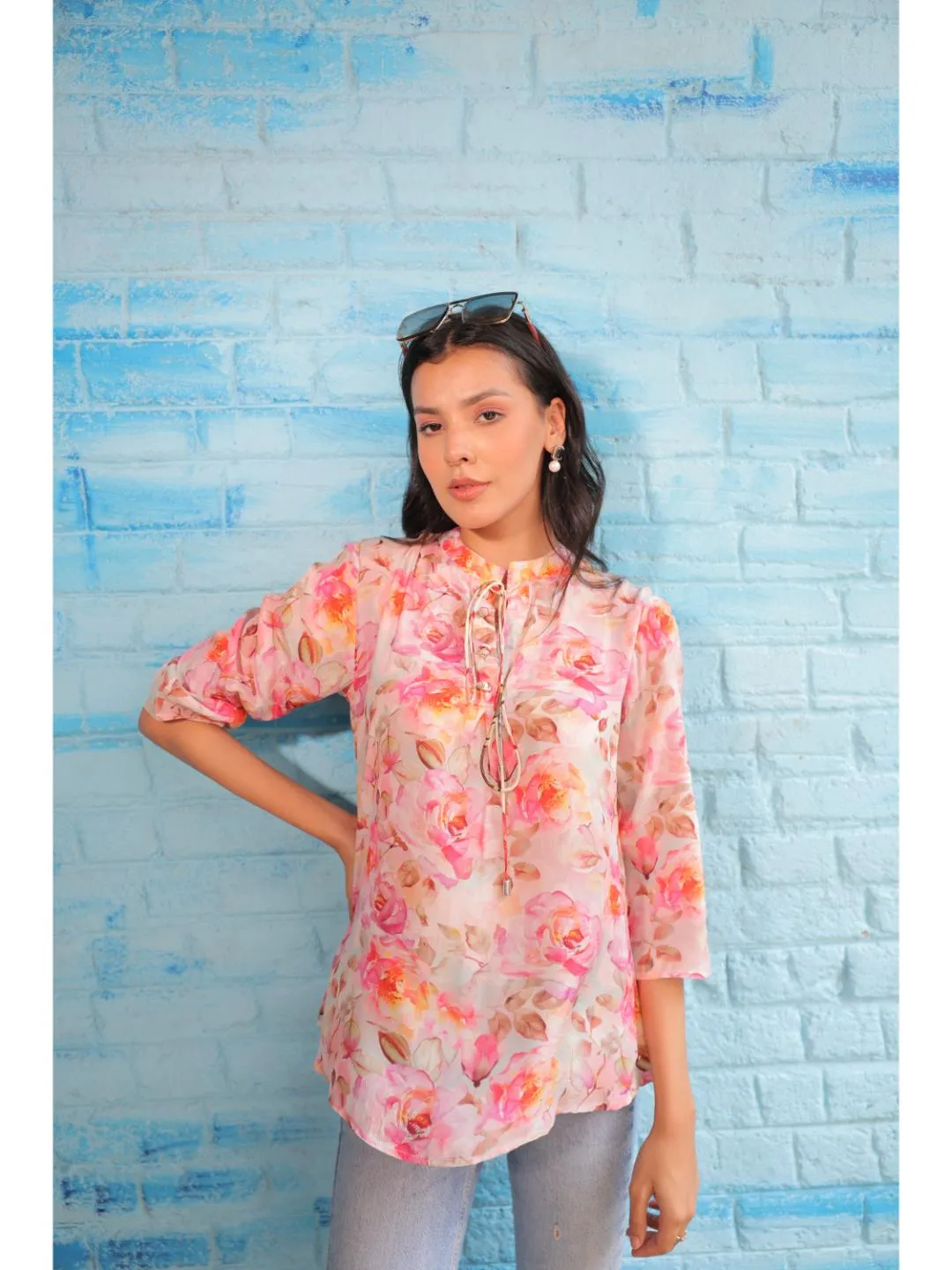 cheerful  natural crepe floral printed mandarin collar string, A-Line  hand embellished top with three-forth sleeve - Pink