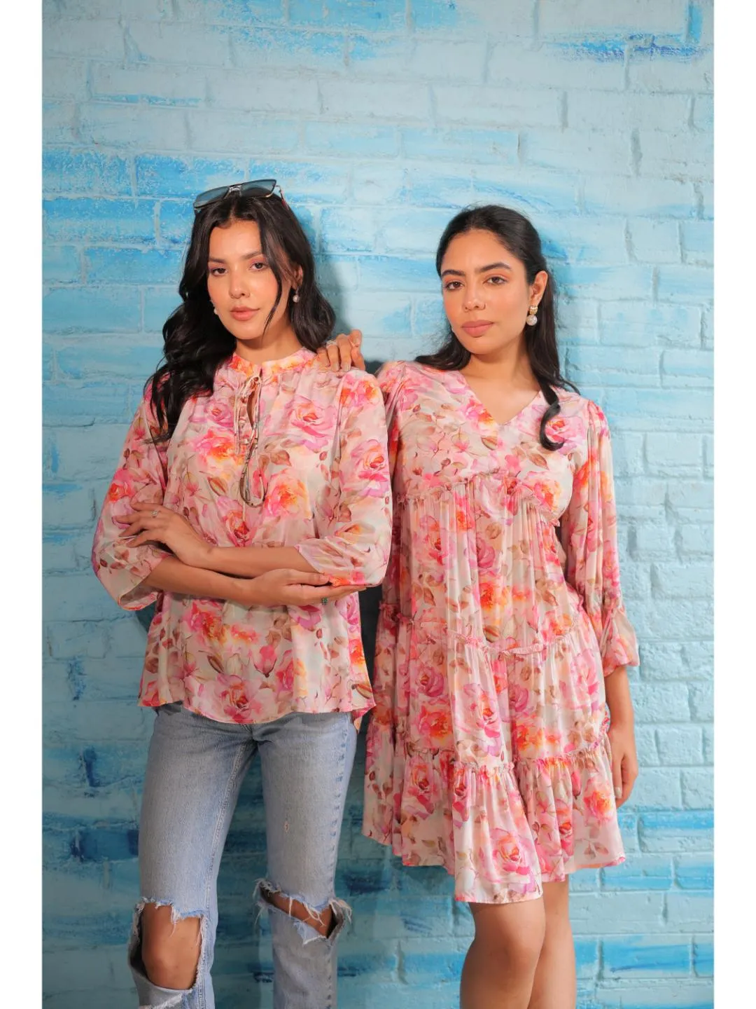 cheerful  natural crepe floral printed mandarin collar string, A-Line  hand embellished top with three-forth sleeve - Pink