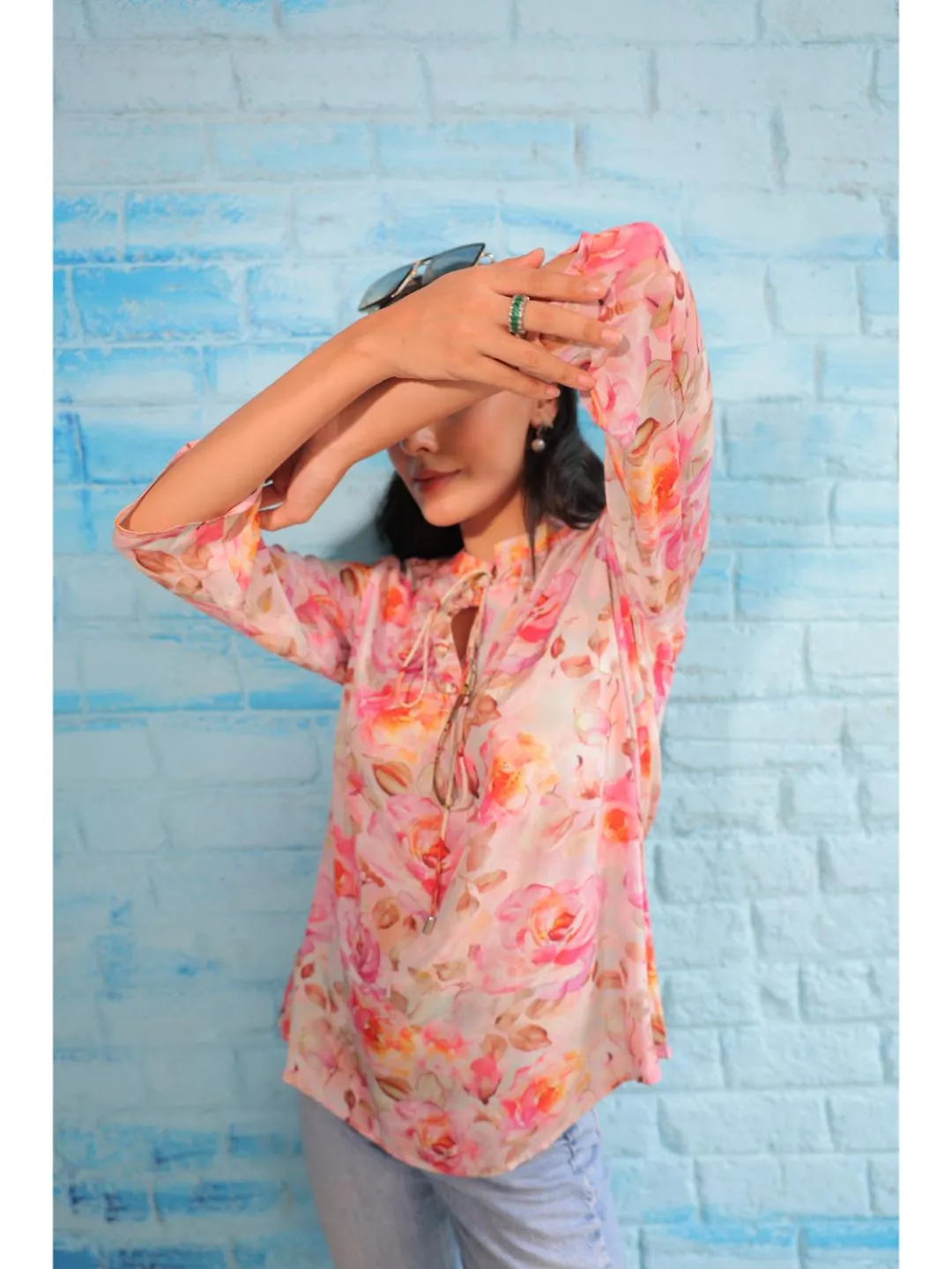 cheerful  natural crepe floral printed mandarin collar string, A-Line  hand embellished top with three-forth sleeve - Pink