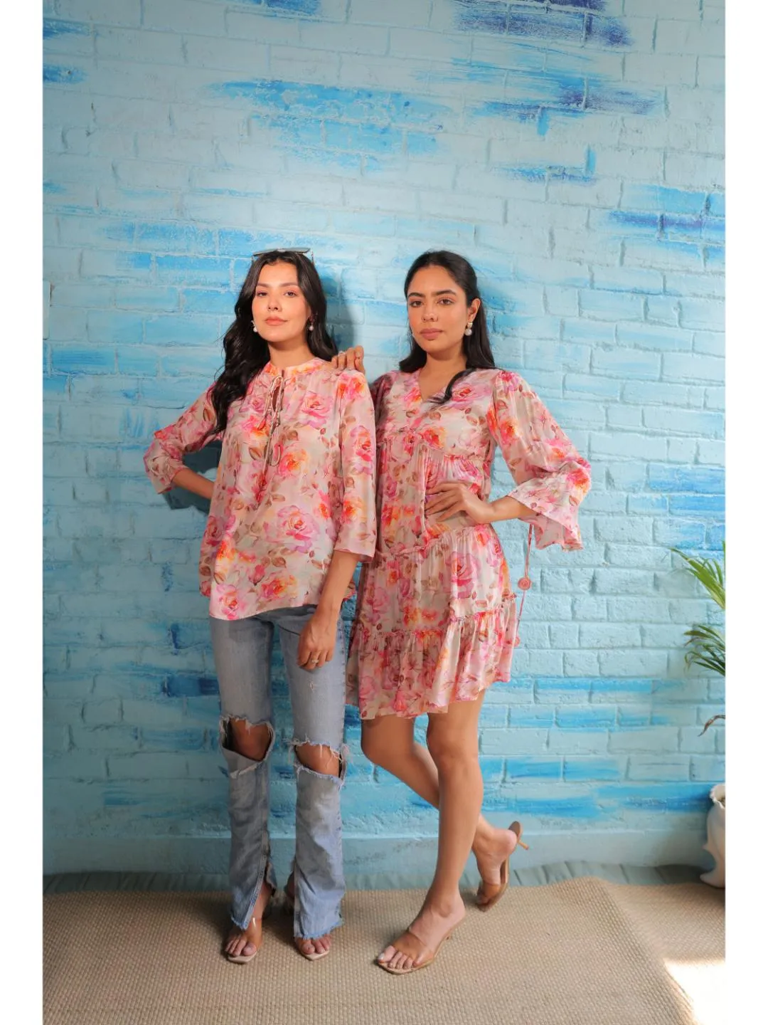 cheerful  natural crepe floral printed mandarin collar string, A-Line  hand embellished top with three-forth sleeve - Pink