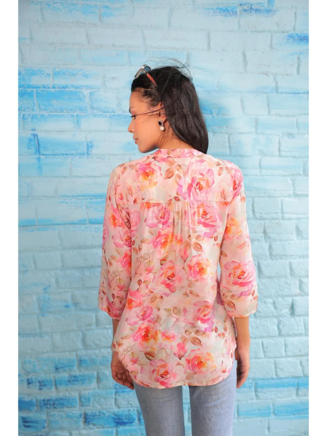 cheerful  natural crepe floral printed mandarin collar string, A-Line  hand embellished top with three-forth sleeve - Pink