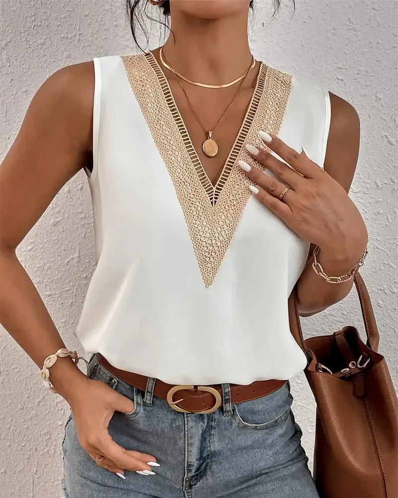 Chic Sleeveless V-neck Lace Patchwork Blouse Summer Tank Top