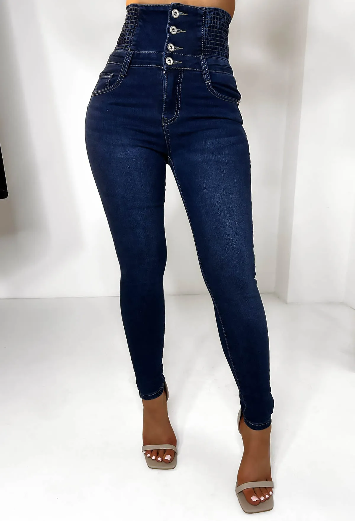 Cinched & Ready Dark Blue High Waist Cinching Push Up Skinny Stretch Jeans