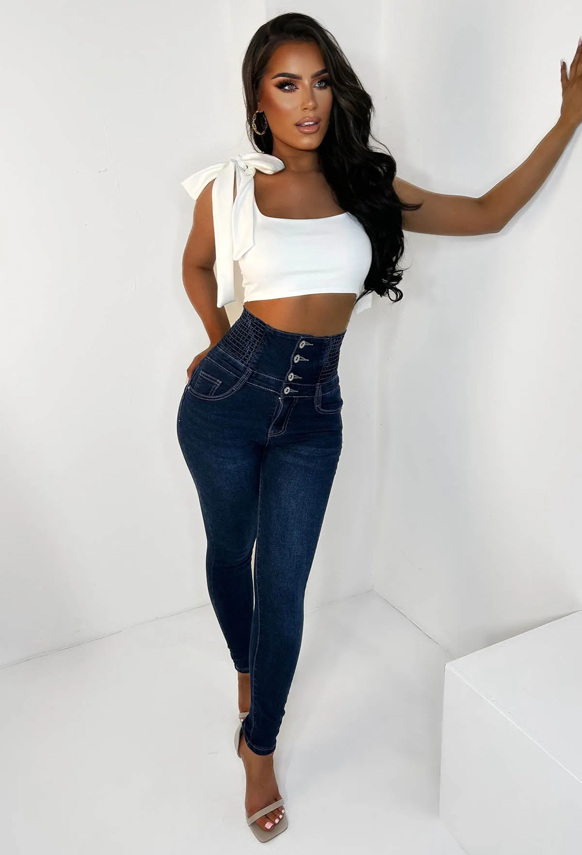 Cinched & Ready Dark Blue High Waist Cinching Push Up Skinny Stretch Jeans